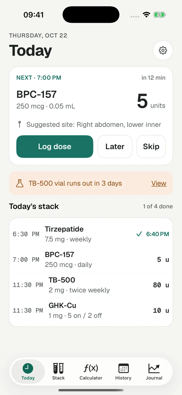 Vialday Today screen showing a daily schedule and logging controls