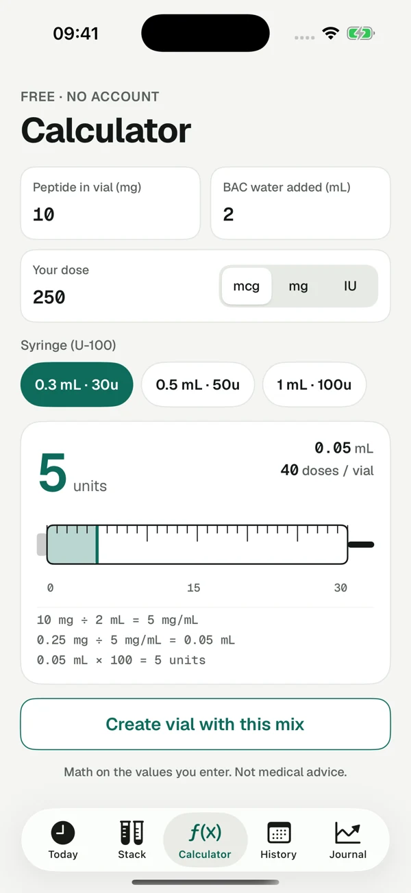 Vialday calculator showing entered values, conversion steps and a visual syringe guide
