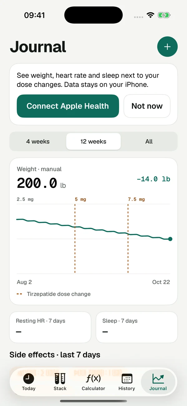 Vialday journal with illustrative weight entries and optional Apple Health connection